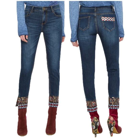 DESIGUAL Exotic Sequin Embroidered Metallic Floral Zip Ankle Skinny Jeans Sz 24 - Picture 2 of 11